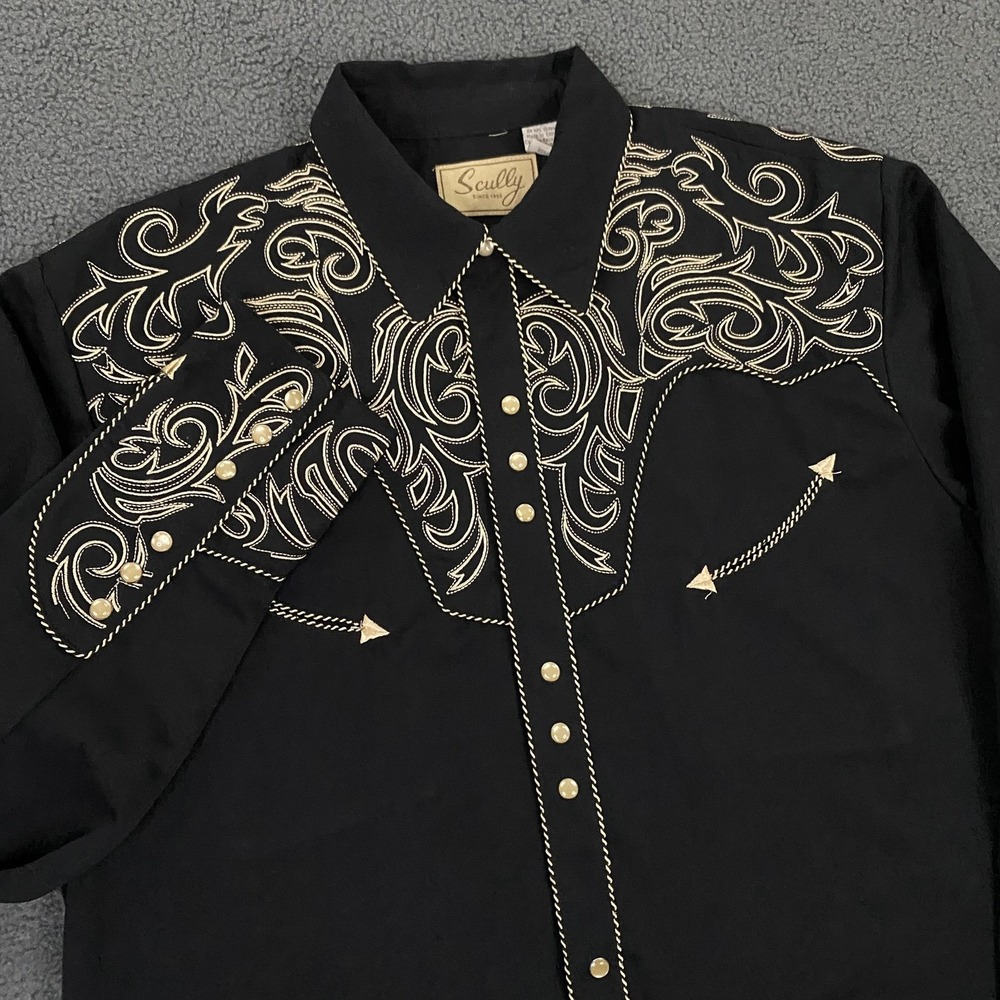 Scully Shirt Mens Large Black Embroidered Western Pearl Snap Long Sleeve Paisley